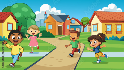 happy kids playing vector art illustration