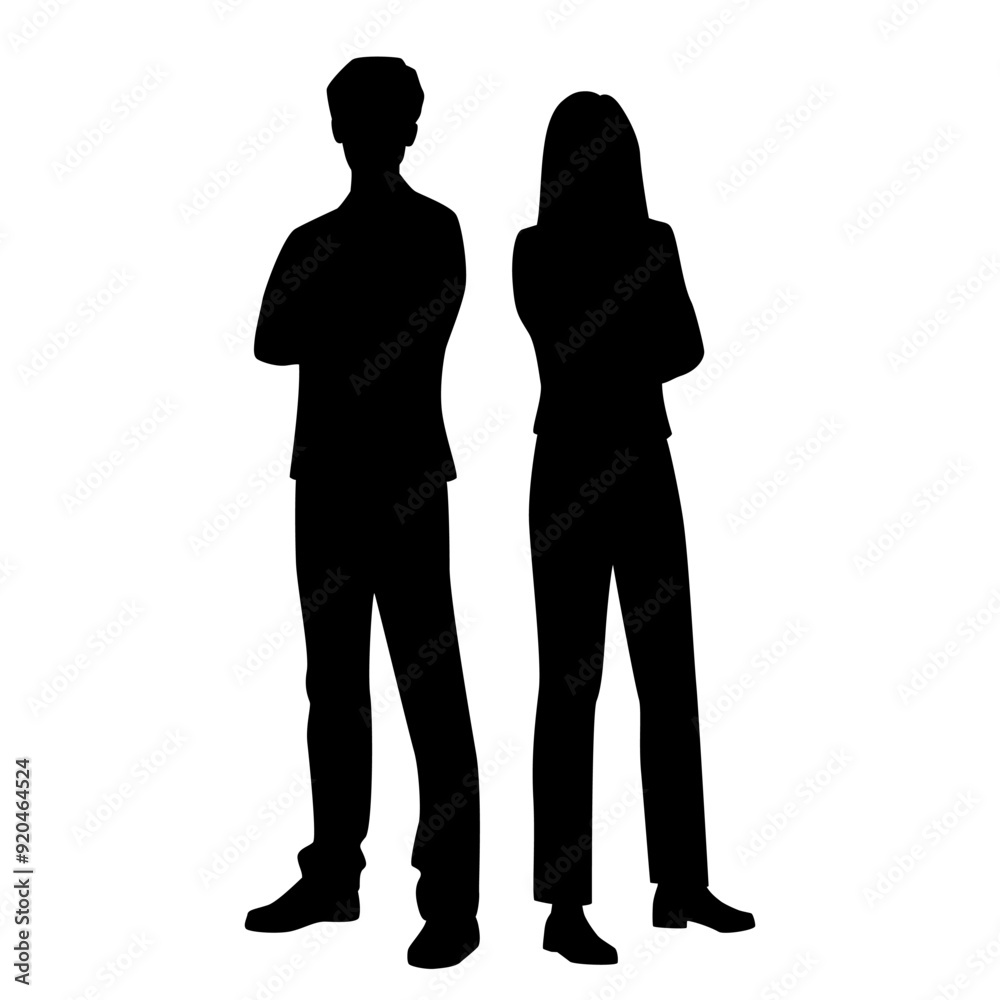 Vector silhouettes of  man and a woman, a couple standing   business people, profile, black color isolated on white background