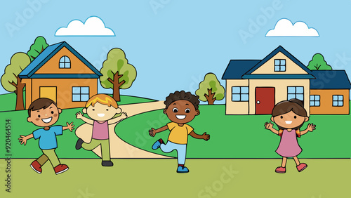 happy kids playing vector art illustration