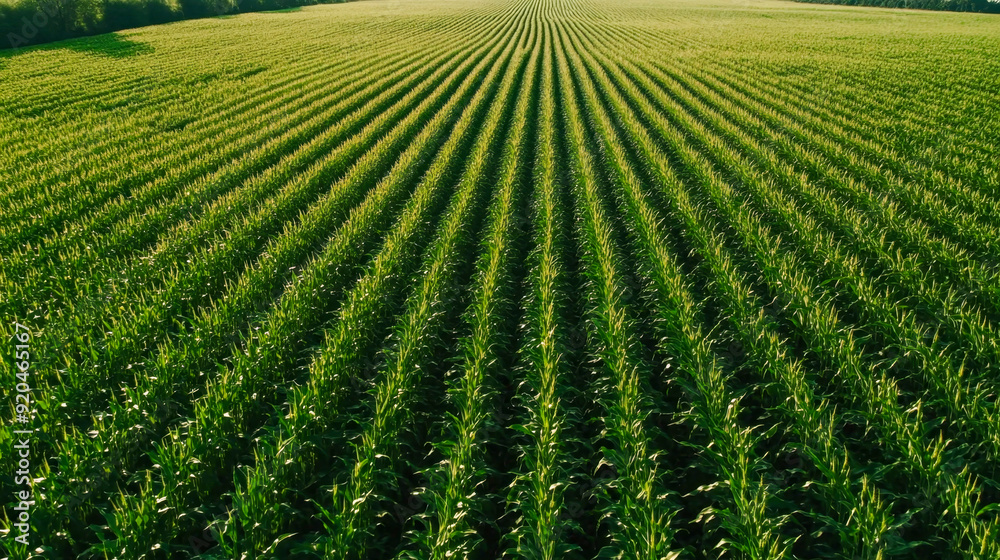 Aerial view of a cornfield with rows of healthy young corn plants growing on a vast agricultural field Aerial view of a cornfield with rows of healthy young corn plants growing on a vast agricultural field