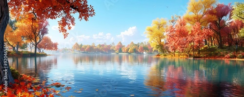 Lake with colorful autumn foliage, peaceful and vibrant