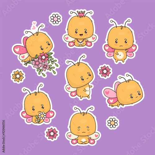 Cute butterfly characters stickers. Meditating, flying with bouquet flowers, princess girl in crown and sitting with daisy. Isolated funny cartoon kawaii insect. Vector illustration. Kids collection