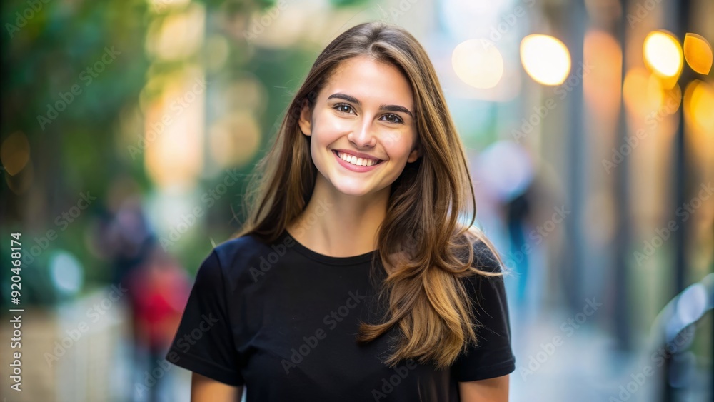 Fototapeta premium A young woman with a bright smile wears a simple black t-shirt, showcasing a relaxed and casual style against a soft, blurred background.