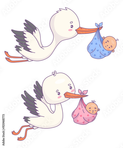 Cute flying white stork with newborn baby girl and boy. Isolated vector illustration. Funny Cartoon bird kawaii and infant. Kids collection