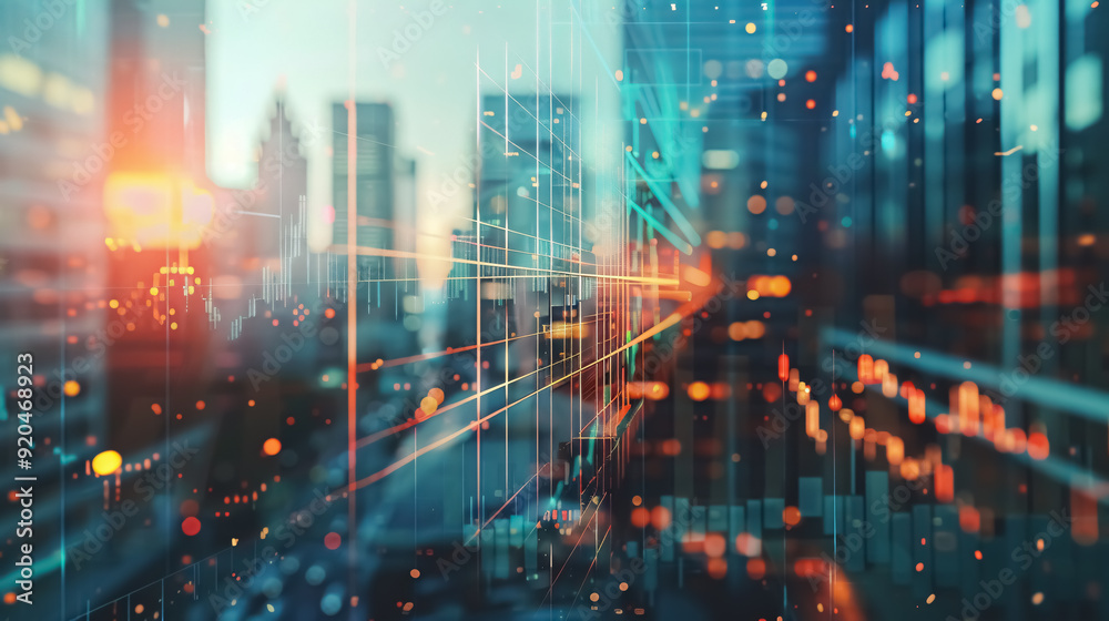An abstract virtual financial graph hologram on a blurry modern office building background, illustrating forex and investment concepts with a multi-exposure effect. An abstract virtual financial graph hologram on a blurry modern office building background, illustrating forex and investment concepts with a multi-exposure effect.