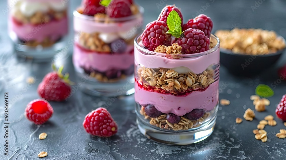 Layered berry parfait with granola in a glass, healthy breakfast, fresh and nutritious Layered berry parfait with granola in a glass, healthy breakfast, fresh and nutritious