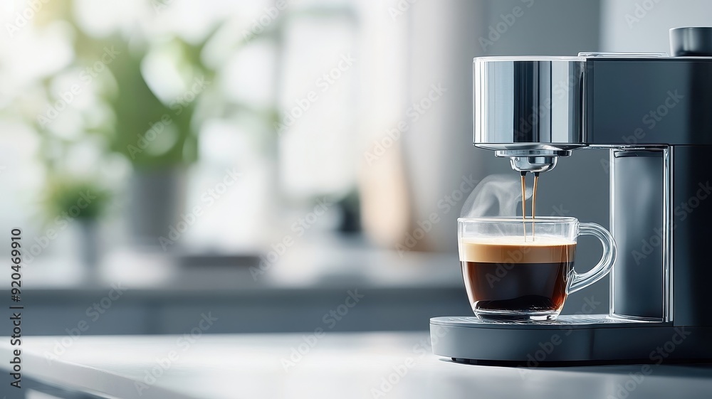 Modern coffee maker with a stainless steel finish and a freshly brewed pot on a clean kitchen counter. Modern coffee maker with a stainless steel finish and a freshly brewed pot on a clean kitchen counter.