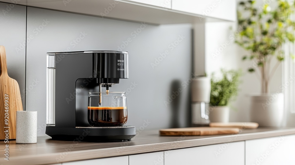 Programmable coffee maker with an illuminated display and multiple options, in a contemporary kitchen.
