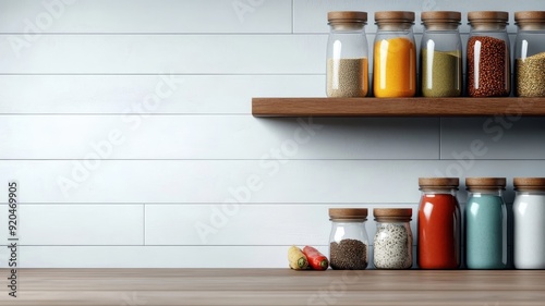 Stylized illustration of spice rack with geometric containers.