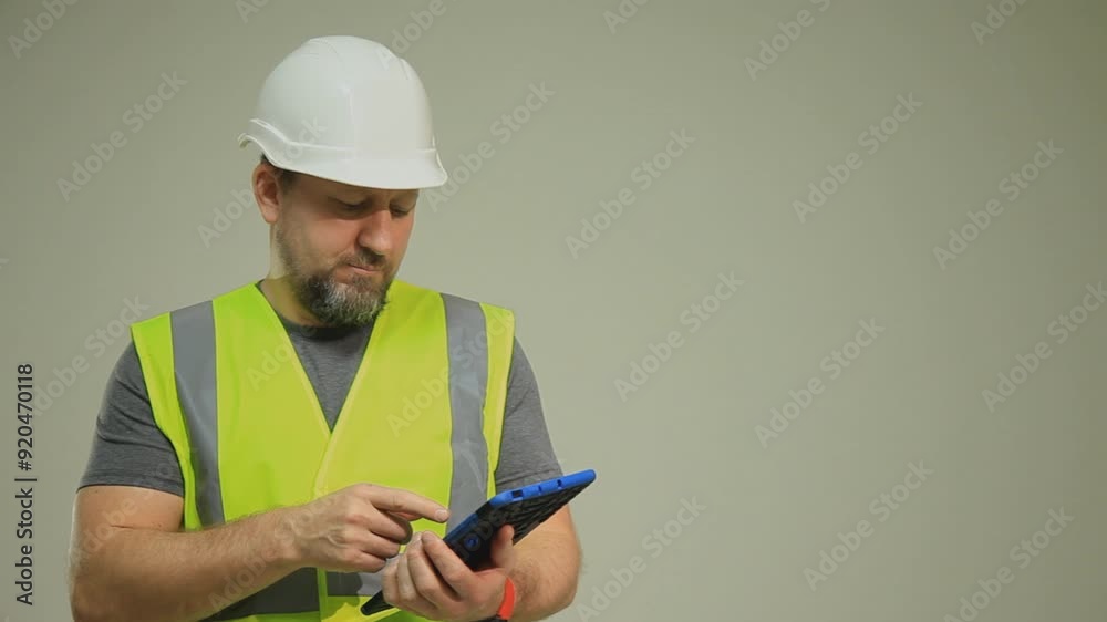 A construction worker in a high visibility safety vest and hard hat is using a tablet device. The image captures the modern integration of technology in construction work, highlighting safety protocol A construction worker in a high visibility safety vest and hard hat is using a tablet device. The image captures the modern integration of technology in construction work, highlighting safety protocol