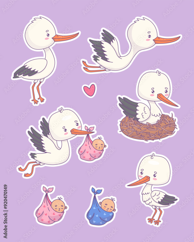 Cute white stork with baby stickers. Isolated funny cartoon kawaii bird character in nest, flying and newborn boy and girl. Vector illustration. Kids collection Cute white stork with baby stickers. Isolated funny cartoon kawaii bird character in nest, flying and newborn boy and girl. Vector illustration. Kids collection