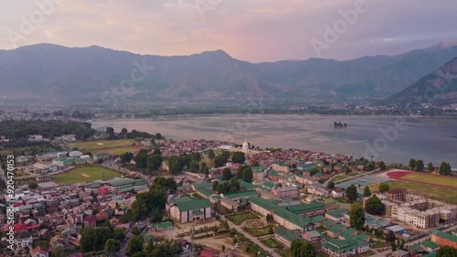 Aerial View of Dargah Shrine in Srinagar Kashmir with Zabarwan Mountains in the Background photo
