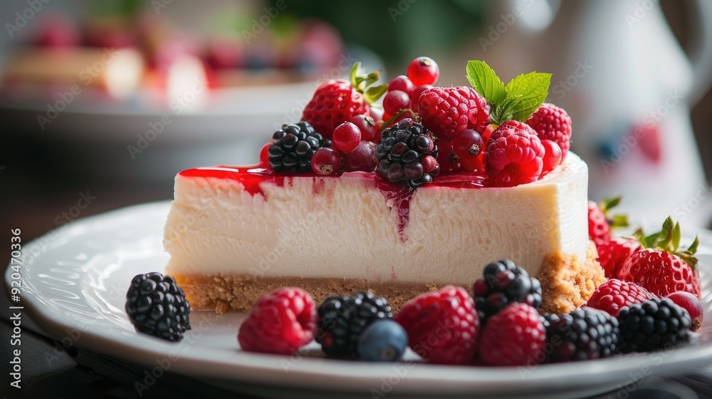 Delicious cheesecake topped with fresh berries and mint leaves, perfect for dessert lovers and food photography. Delicious cheesecake topped with fresh berries and mint leaves, perfect for dessert lovers and food photography.