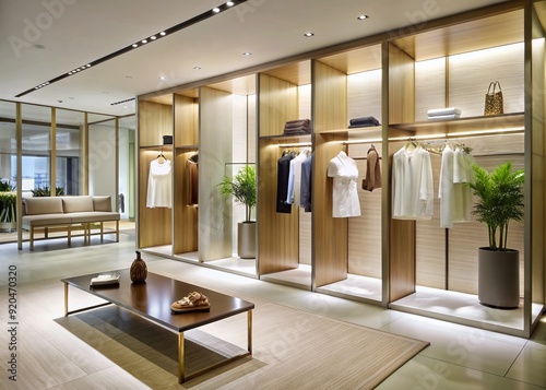 Elegant women's clothing store features partition walls, crisp white surfaces, and Molteni-hued accents, epitomizing vintage modernism in a sophisticated and stylish interior design.