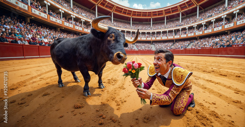A Matador Offering Roses to a Bull in a Packed Arena
