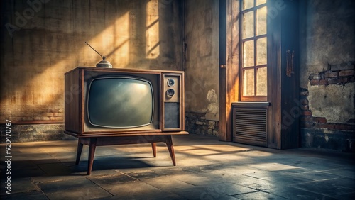 A vintage TV set with a rounded screen and wooden cabinet stands idle, surrounded by dusty shadows, in a dimly lit, abandoned space.