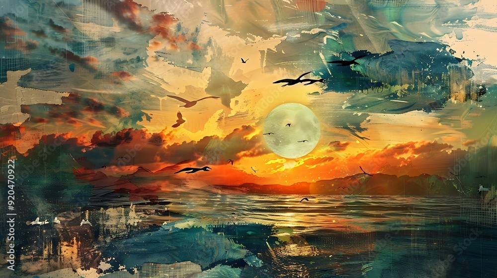 Obraz premium Abstract Sunset Seascape with Birds and a Full Moon