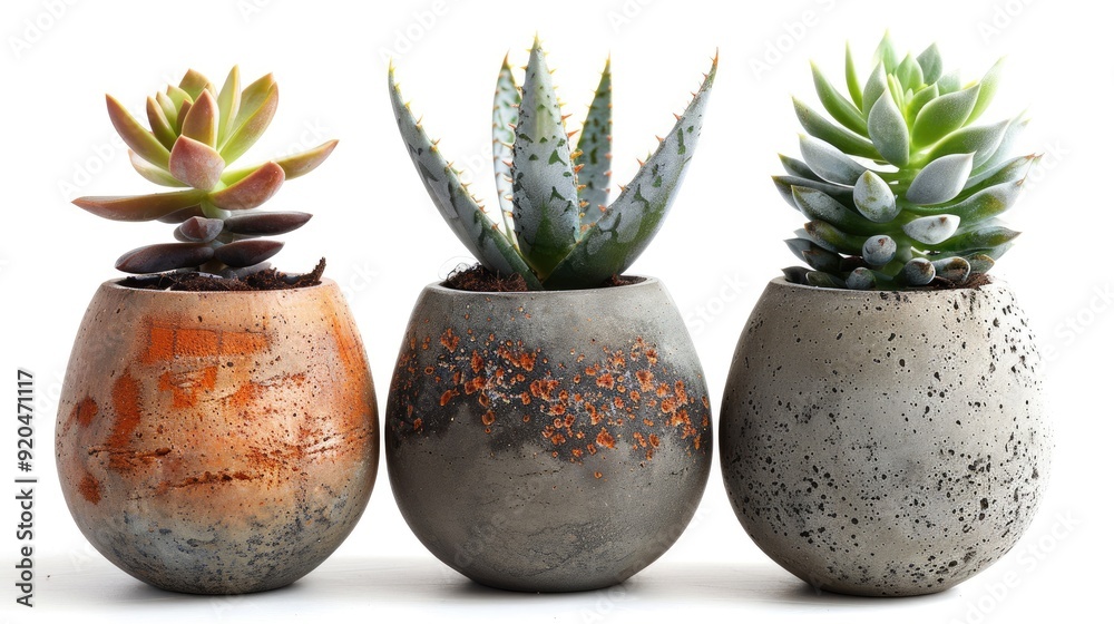 Three stylish succulent plants in unique concrete pots, perfect for modern decor and indoor gardening enthusiasts. Three stylish succulent plants in unique concrete pots, perfect for modern decor and indoor gardening enthusiasts.
