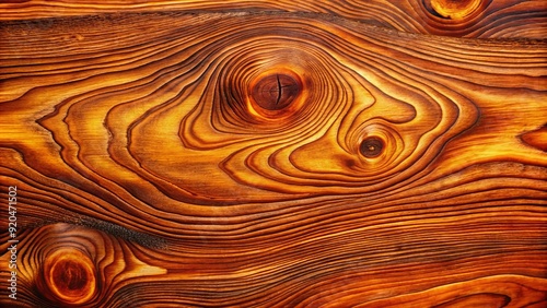 Close-up of rich, vibrant redwood grain pattern featuring intricate knots and swirls on a rustic, polished wooden surface with warm, golden undertones. photo