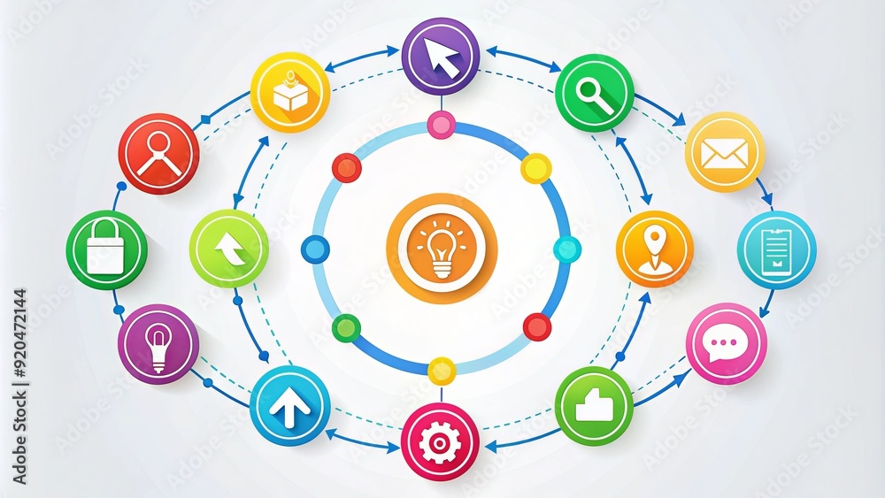 Colorful circle diagram showcasing interconnected elements, ideas, and concepts, with bold lines, arrows, and icons, ideal for illustrating relationships, workflows, and systems. Colorful circle diagram showcasing interconnected elements, ideas, and concepts, with bold lines, arrows, and icons, ideal for illustrating relationships, workflows, and systems.
