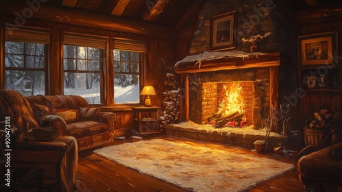 Warmth Amidst the Snow - A Cozy Winter Cabin Interior with a Roaring Fireplace, Rustic Stone Walls, and a Panoramic View of the Snow-Covered Forest Outside