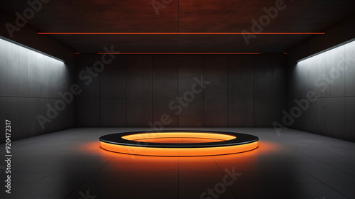 Product Background, Contemporary Minimalistic Circular Floor Design with Orange Lights in 8K 3D, Showcasing Minimalism in a Dark and Brooding Style with a Clean Ceramic Background