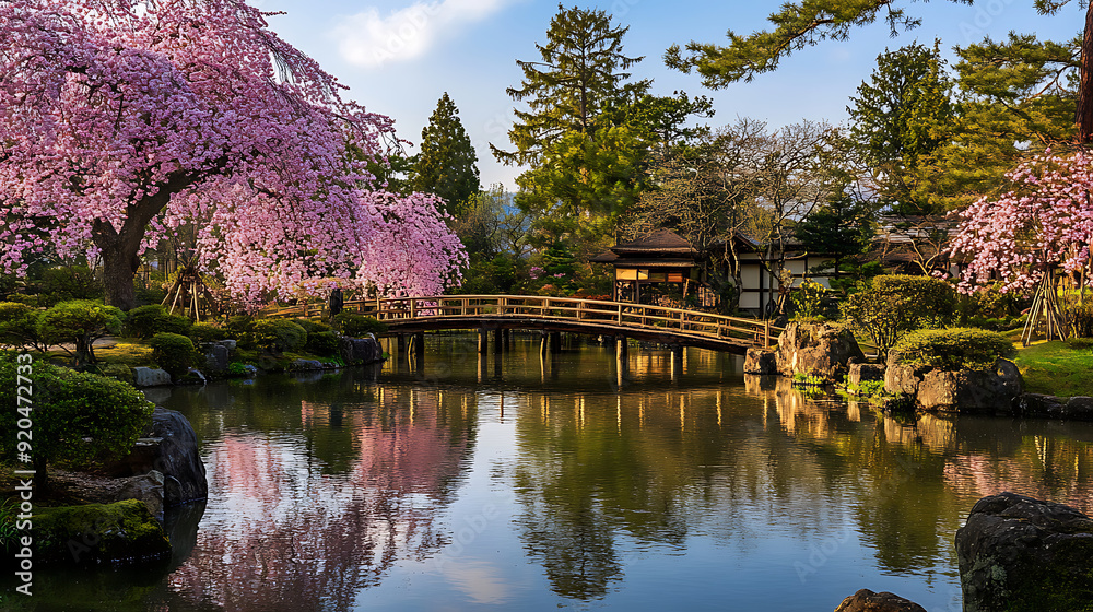 Fototapeta premium A beautiful Japanese cherry blossom garden in a quiet spring. Generative AI illustration 