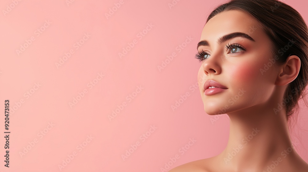 Close up portrait of beauty woman, skin care, isolated pink background, ad for skincare and cosmetic products Close up portrait of beauty woman, skin care, isolated pink background, ad for skincare and cosmetic products
