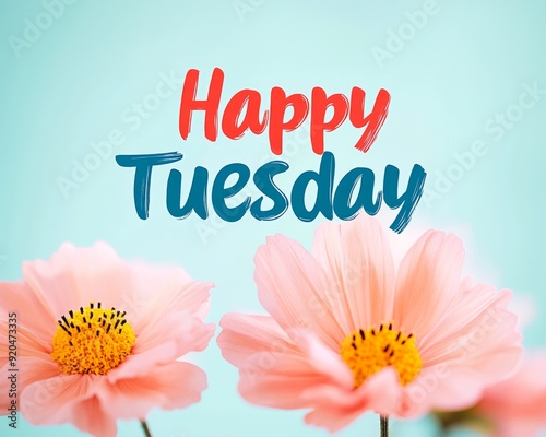 'Happy Tuesday' text against colourful flowers background