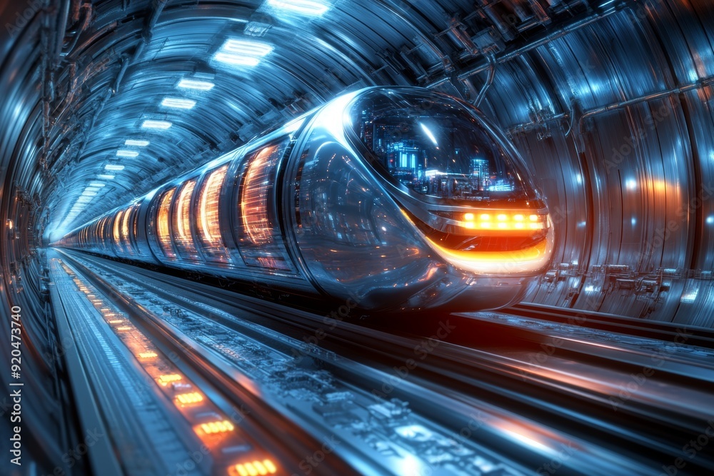 Portrait of a futuristic train in a digital tunnel, symbolizing advanced transportation systems. High-resolution, detailed textures, crisp focus Portrait of a futuristic train in a digital tunnel, symbolizing advanced transportation systems. High-resolution, detailed textures, crisp focus