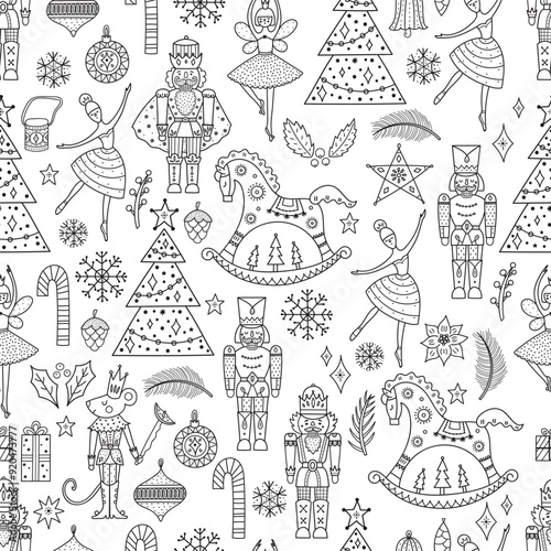 Cute line Christmas vector seamless Nutcracker pattern.  Seamless pattern can be used for wallpaper, pattern fills, web page background, surface textures.