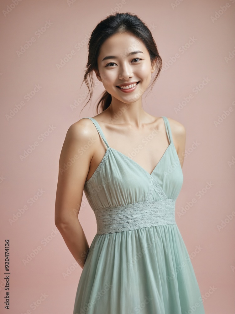 Beautiful asian woman wearing sundress in pastel color look with paster background. Beautiful asian woman wearing sundress in pastel color look with paster background.