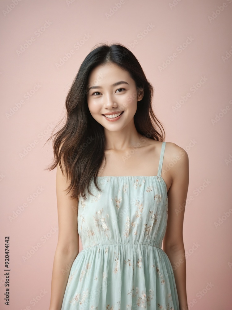 Beautiful asian woman wearing sundress in pastel color look with paster background. Beautiful asian woman wearing sundress in pastel color look with paster background.