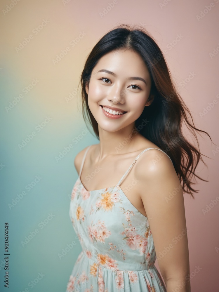 Beautiful asian woman wearing sundress in pastel color look with paster background. Beautiful asian woman wearing sundress in pastel color look with paster background.