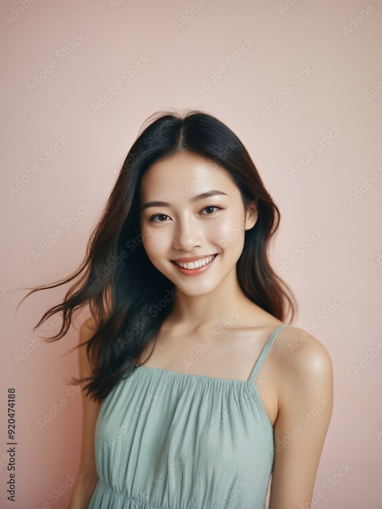 Beautiful asian woman wearing sundress in pastel color look with paster background. Beautiful asian woman wearing sundress in pastel color look with paster background.
