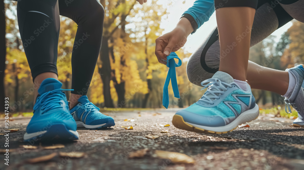 A close-up photo of two people in sport clothes tying shoelaces before running together outdoors. A close-up photo of two people in sport clothes tying shoelaces before running together outdoors.