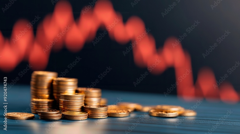 Close-up of stacked coins with a red market chart background, symbolizing financial trends and changes in currency value. Close-up of stacked coins with a red market chart background, symbolizing financial trends and changes in currency value.