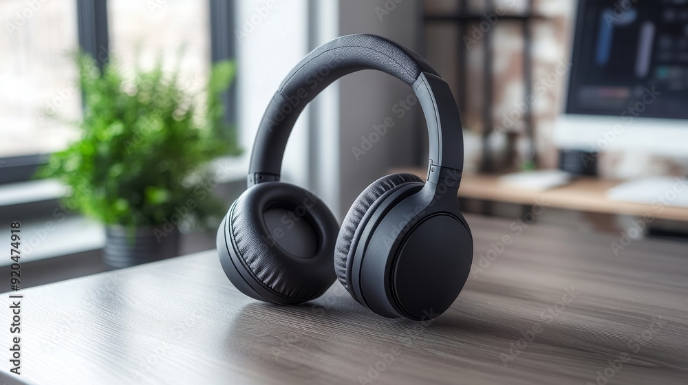 High-quality noise-canceling headphones on a desk, tech accessory High-quality noise-canceling headphones on a desk, tech accessory