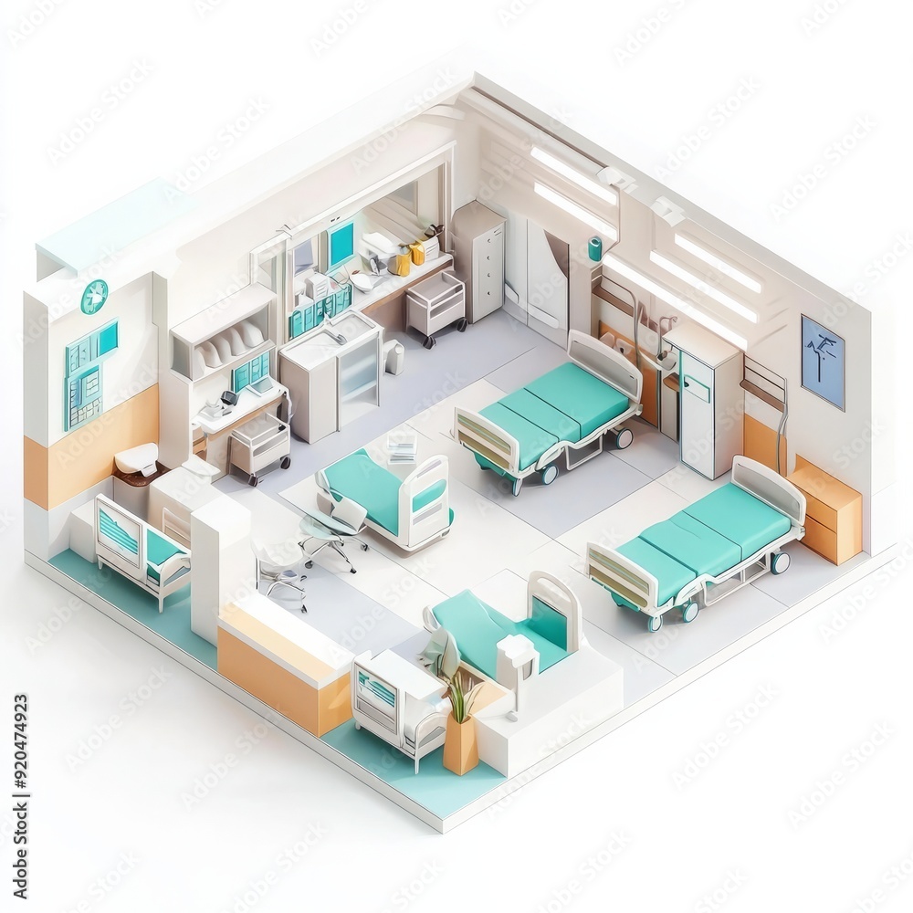 3D Render of a hospital with emergency rooms, a main entrance, and patient treatment areas 3D Render of a hospital with emergency rooms, a main entrance, and patient treatment areas
