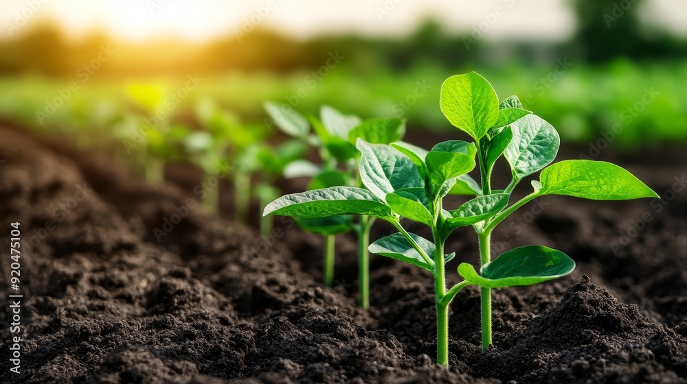 close-up of lush green seedlings growing in rich brown soil with warm sunlight in a lush green field - sustainable agriculture, organic farming, new life, growth, nature. close-up of lush green seedlings growing in rich brown soil with warm sunlight in a lush green field - sustainable agriculture, organic farming, new life, growth, nature.