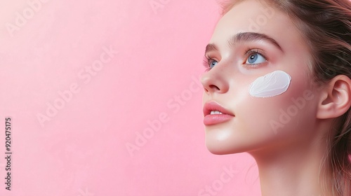 Portrait of a young brunette girl applying cream on her face, ad for skincare and cosmetic products, on pink background