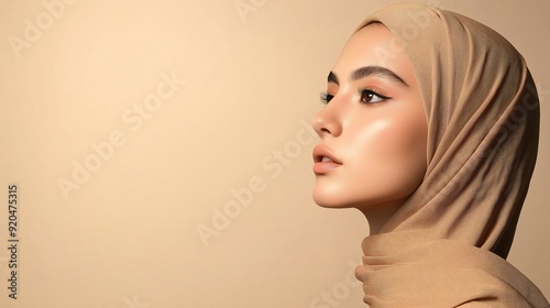 Elegant hijab woman promoting cosmetic products, studio lighting, copy space, isolated beige background