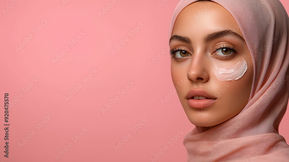 Portrait of a muslim woman wear hijab applying moisturizing cream on her face, skin care, copy space, isolated pink background Portrait of a muslim woman wear hijab applying moisturizing cream on her face, skin care, copy space, isolated pink background