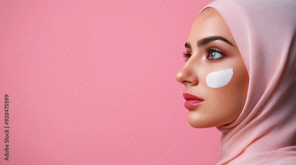Portrait of a beautiful woman wear hijab with moisturizing gel on her face, skin care, copy space, isolated pink background Portrait of a beautiful woman wear hijab with moisturizing gel on her face, skin care, copy space, isolated pink background