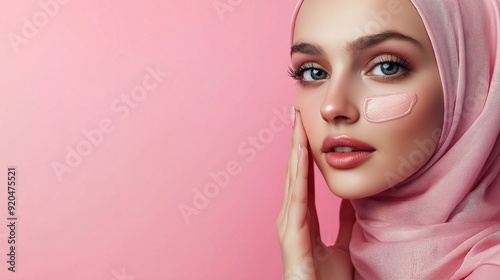 Portrait of a beautiful young woman wear hijab with moisturizing gel on her face, copy space, isolated pink background