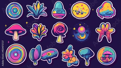 Set Of Cool Y2k Stickers Vector Design. Collection Of Groovy Patches. Pop Art Illustration. Cute Comic Funny Badges. Psychedelic Trippy Signs