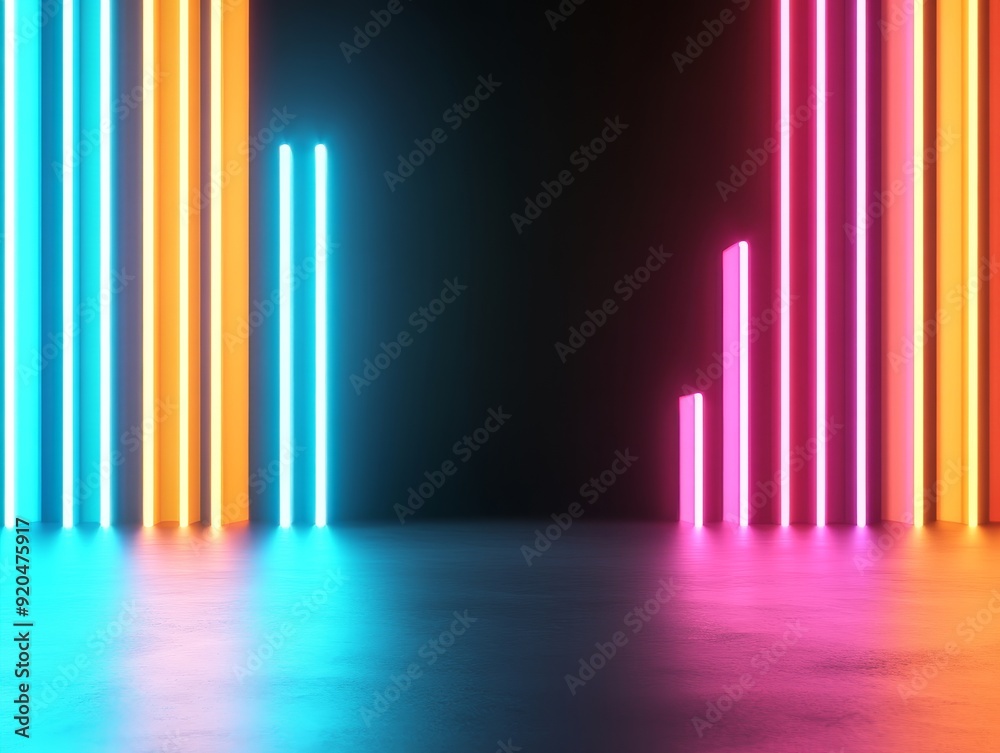 abstract neon lights background with blue, orange and pink glow in dark room - futuristic minimalist design. abstract neon lights background with blue, orange and pink glow in dark room - futuristic minimalist design.