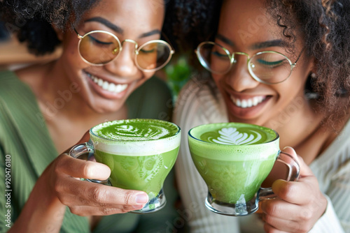 African American women meeting at cafe for matcha tea and conversation two best friends having fun holding cups of green matcha latte drink in cafe. Friends enjoying trendy Japanese beverage concept photo