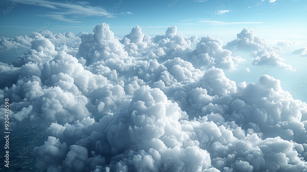 Naklejka premium Fluffy white clouds blanket the sky above distant horizons during a sunny day