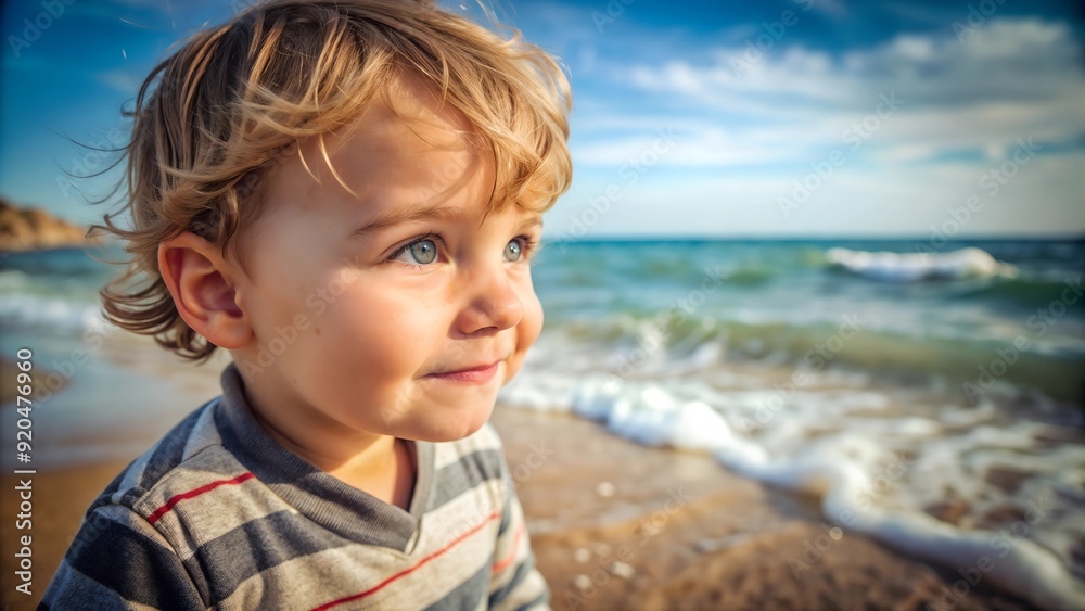 A boy on the seashore is a close-up view from behind, against the background of the pier. Summer sea holiday A boy on the seashore is a close-up view from behind, against the background of the pier. Summer sea holiday